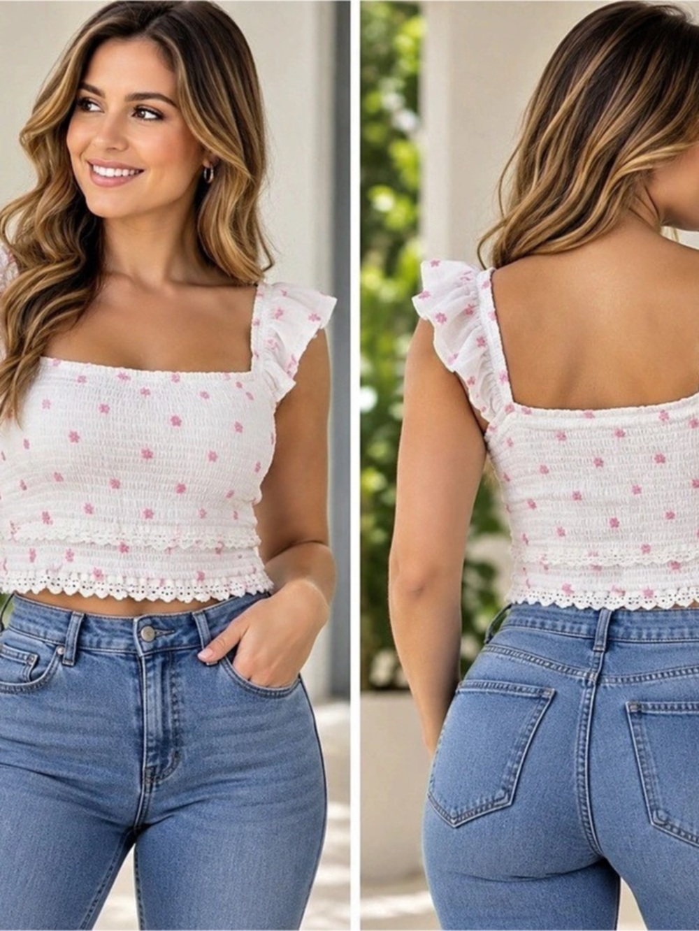 J. Crew Floral Smocked Crop Top in White & Pink Size Large NWT